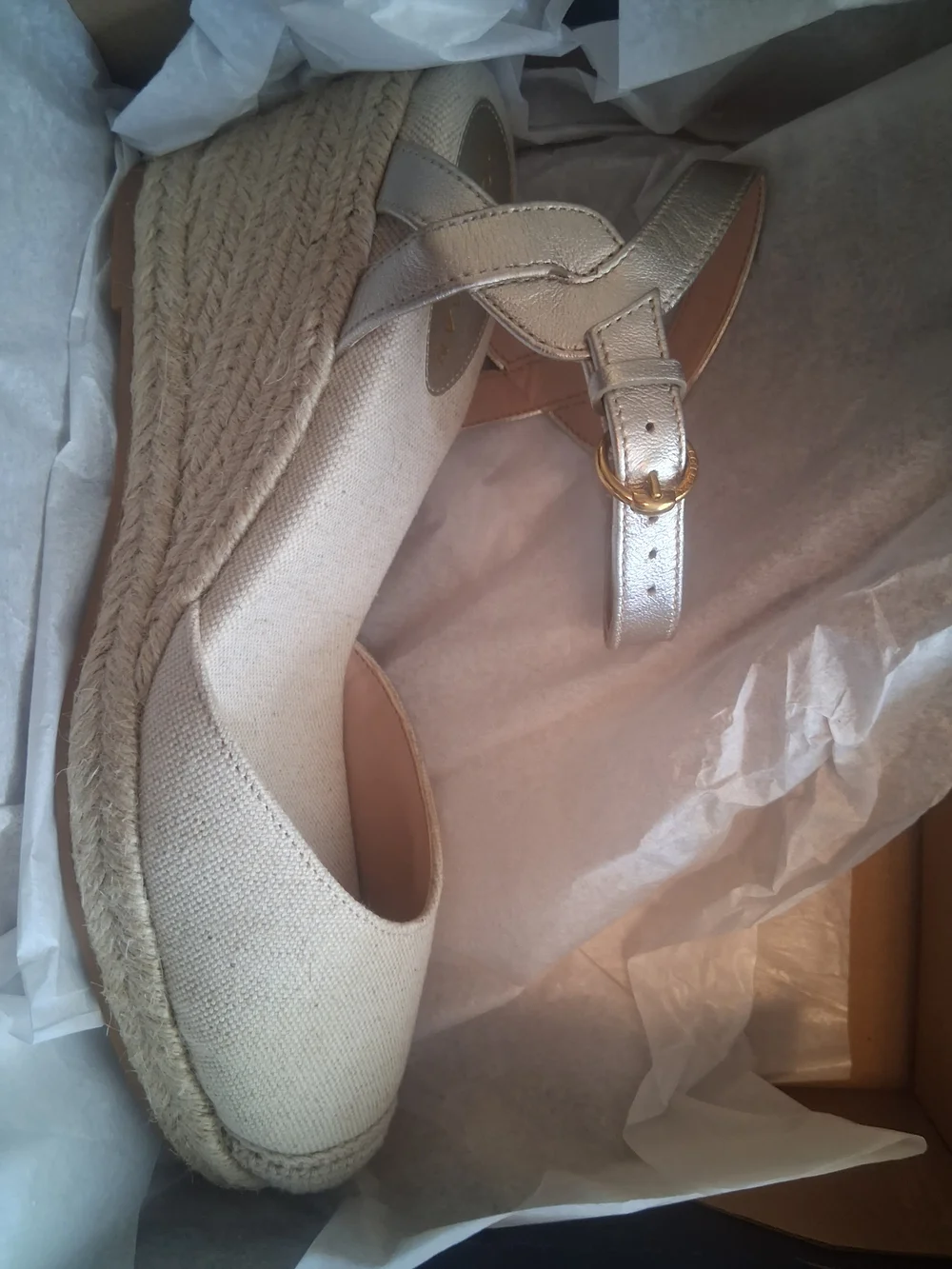 Cole Haan Beige Espadrille Wedge with Metallic Silver Ankle Strap - Picture 5 of 11